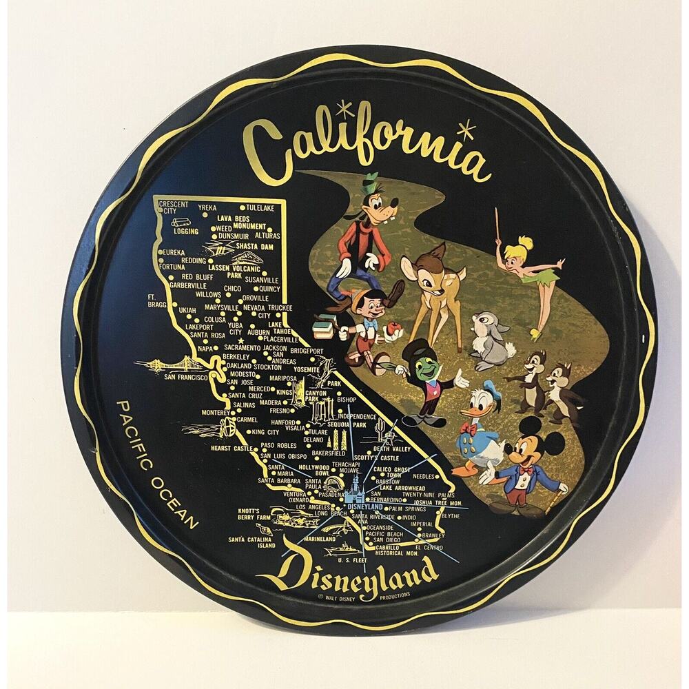 VINTAGE WALT DISNEY PRODUCTION DISNEYLAND CALIFORNIA BLACK METAL ROUND TIN TRAY